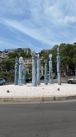 Drone captures abstract sculptures at Tbilisi roundabout