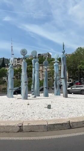 Drone captures abstract sculptures at Tbilisi roundabout