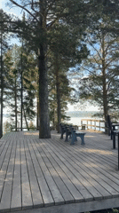 Wooden deck overlooking Votkinsk Reservoir documented on sunny morning