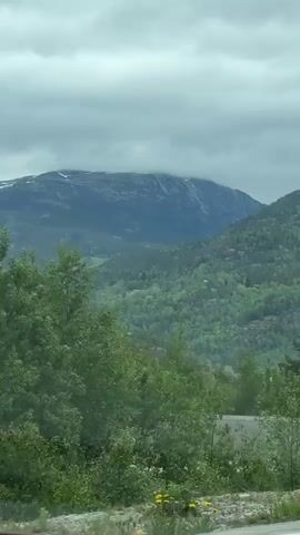 The video shows a landscape view of a mountain range partially obscured by low-hanging clouds. In the foreground, there are lush green trees and vegetation. A road is visible in the midground. The sky is overcast, contributing to the overall muted color palette of the scene. The footage appears to have been recorded from a moving vehicle.