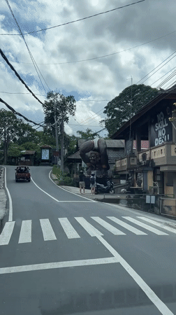 Vehicle stops at pedestrian crossing near statue in Tegallalang, Bali