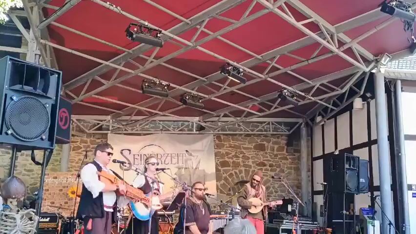 A band is performing on a stage. The stage has a red canopy and is supported by a metal structure. There are four musicians visible. The musician on the far left is wearing a white shirt, dark vest, and sunglasses, and is playing a hurdy-gurdy. The second musician from the left is wearing a white shirt, dark skirt, and sunglasses, and is playing a lyre. The third musician from the left has a beard and is wearing a dark t-shirt and is standing behind a percussion instrument. The musician on the far right is wearing a patterned shirt and sunglasses and is playing a stringed instrument that appears to be a lute or a ukulele. There are speakers on either side of the stage and lighting equipment above. A banner behind the band reads "Seinerzeit". The background appears to be a stone wall. There is a skeleton decoration on the far left of the image.