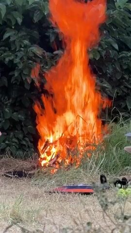 A person wearing a light-colored shirt, dark pants, and black boots approaches a bonfire in a grassy area with green foliage in the background. The person is holding a pink bucket in their left hand. The bonfire is large and emits bright orange flames. A metal grill is visible on the right side of the frame, and a dark object, possibly a shoe, is on the ground near the fire. The person is positioned to the left of the fire and appears to be moving towards it.