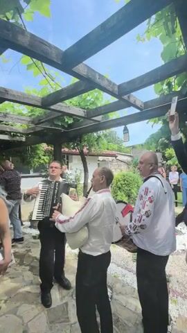 A video depicts a group of people dancing and enjoying traditional music at an outdoor gathering. There are two musicians performing, one playing an accordion and another playing a bagpipe. Several individuals are seen dancing, with some clapping their hands and moving to the music. The setting appears to be a courtyard or patio, with a wooden pergola covered in grapevines overhead. There are potted plants and flowers along a stone wall, adding to the festive atmosphere. The people are dressed in casual attire, and the overall mood is joyful and celebratory.