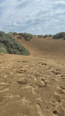 The video captures a sunny day at a sandy beach, likely in Rother, United Kingdom, as indicated by the location context. The scene opens with a view of sand dunes covered in green grass, with footprints visible in the sand. A lone figure can be seen walking up a dune in the distance. The camera then pans to show more of the grassy dunes and the sandy terrain.

The perspective shifts to reveal a young girl standing on the sand, holding a white object that resembles a shoe or a small bag. She is smiling and looking towards the camera, suggesting a pleasant and relaxed atmosphere. The sky is a mix of blue with scattered white clouds, indicating fair weather.

The video then transitions to a wider view of the beach, showing a path leading towards the ocean. Several people are walking along this path, some carrying bags and belongings, suggesting they are heading to or from the beach. The ocean is visible in the background, with a calm surface. The overall impression is of a leisurely day at the beach, with people enjoying the outdoors. The time of day appears to be daytime, given the bright sunlight and clear sky. There is no visible text in the media.