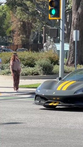 The video shows a gray Ferrari driving down a street on a sunny day. The Ferrari has two yellow stripes running down the hood. People are walking on the sidewalk in the background. There are trees and parked cars in the background. A white Tesla drives by the camera at the end of the clip.