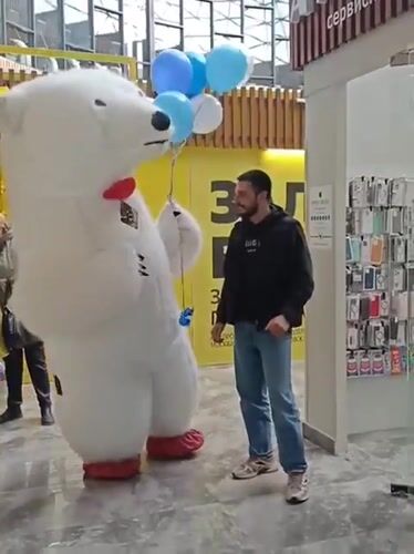 Polar bear mascot meets woman with French bulldog in Novosibirsk mall