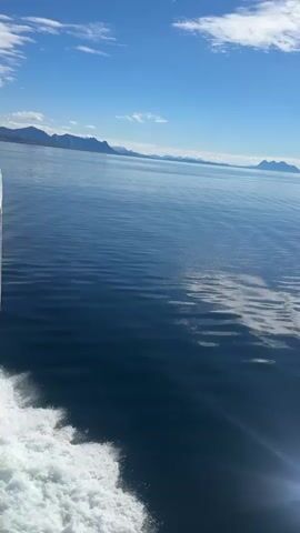 The video depicts a scenic view from a boat traveling on a calm, blue body of water, likely a fjord, given the location context of Lodingen, Norway. The sun is shining brightly, casting a glare on the water and creating reflections. The sky is a clear blue with a few scattered white clouds. In the distance, a range of mountains, some with snow-capped peaks, forms a picturesque backdrop. The boat is creating a white wake as it moves through the water, with foamy waves trailing behind. The side of the boat, painted white with a red stripe, is visible on the right side of the frame. There is no visible text in the video. The overall mood is peaceful and serene, evoking a sense of travel and exploration in a beautiful natural setting. The time of day appears to be daytime, given the bright sunlight.