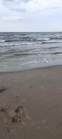 A video opens with a view of a sandy beach, with small waves lapping at the shore. In the distance, a large white cruise ship is visible sailing on the ocean, with a cloudy sky overhead. The camera pans slightly to the right, showing more of the beach and the ocean. The video is taken from a low angle, looking out towards the sea. The overall mood of the video is peaceful and serene.
