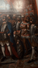 Historical oil painting featuring multiple figures filmed in Mexico City