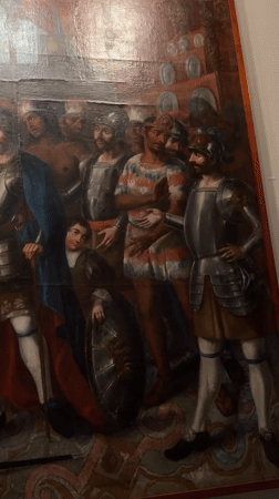 Historical oil painting featuring multiple figures filmed in Mexico City