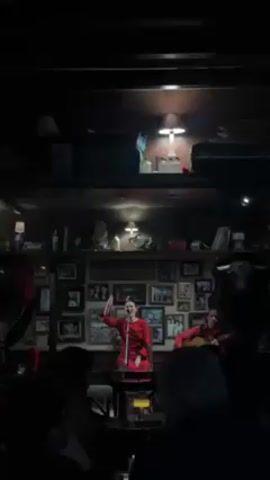 In a low-lit, intimate venue, a female singer stands at a microphone in a red patterned dress, passionately performing flamenco music. She raises her right hand dramatically as she sings, her face animated under the spotlight. To her right, a man plays an acoustic guitar, complementing her vocals. A small audience is visible in the foreground, partially obscured by darkness, observing the performance. Behind the performers, the wall is densely decorated with framed photographs and memorabilia, enhancing the venue's character. Above the wall, a shelf displays miscellaneous items, including a lamp, further adding to the room's eclectic ambiance.