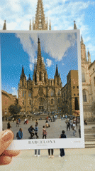 Tourist compares vintage postcard to Barcelona Cathedral