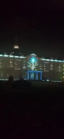 The video shows a building at night. The facade of the building is illuminated with a projection of a stylized tree that resembles a circuit board. The projection uses blue and green lights and appears to be dynamic, with elements shifting and pulsing. Some windows of the building are also lit from within, creating a grid pattern against the darker facade. In the foreground, there is a dark, silhouetted area, possibly a lawn or park, with some indistinct shapes that could be trees or people. The overall impression is of an outdoor nighttime light show or art installation.