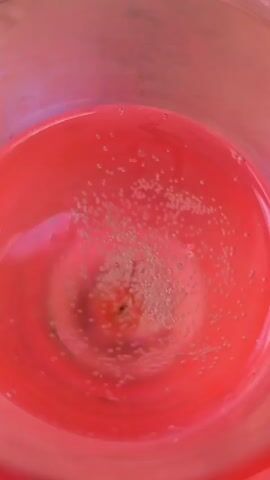 The video shows a close-up, overhead view of a red cup filled with a clear, bubbly liquid. The bubbles are concentrated in the center, appearing to be effervescing. The liquid is transparent, allowing the red color of the cup to be visible through it. The camera appears to be stationary, and the lighting is bright, illuminating the bubbles and the liquid. There are no people or other objects visible in the frame, and no actions other than the bubbling of the liquid are depicted.