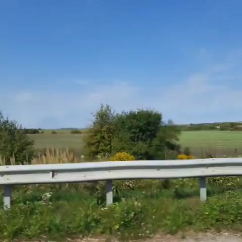 The video shows a view from a car window of a rural landscape. The sky is blue with some scattered clouds. In the foreground, there is a guardrail and green grass. Beyond the guardrail, there are fields of crops and trees. The car is moving, as indicated by the slight blur in the image. There are no people or animals visible in the video. The overall scene is peaceful and serene, suggesting a calm journey through the countryside.