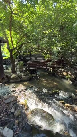 A clear, narrow stream flows over rocks and around boulders in a wooded area. A rustic wooden bridge crosses the stream, supported by stone abutments. Lush green trees with dappled sunlight overhead form a canopy, creating a serene natural setting.