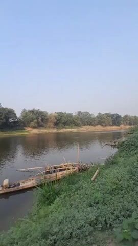 The video shows a still shot of a wide, slow-moving river. The water is calm and reflects the clear blue sky above. On the left bank of the river, a small, wooden boat is tied to the shore. The boat appears old and weathered, with some bamboo poles sticking out of it. Dense green foliage lines the right bank of the river, with trees visible in the distance across the water. The overall scene is tranquil and serene, suggesting a natural and undeveloped environment.