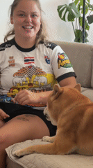 Playful moment with a reddish-brown dog on a couch in Bulgaria