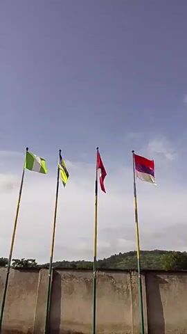 The video displays four flags on flagpoles against a bright, partly cloudy sky. The flags are positioned from left to right: the first is green and white, the second is green, yellow, and blue, the third is red with a white symbol, and the fourth is red and white with a blue emblem. They are all flying in a gentle breeze. The flagpoles are tall and have a yellow band near the top. In the background, there is a textured concrete wall, some low green foliage, and a distant, tree-covered hillside. The scene appears to be outdoors during the daytime, under a clear sky with scattered clouds, suggesting fair weather. The overall impression is one of a sunny day, possibly at a school, government building, or international location in Takum, Nigeria, given the context. There is no discernible text visible in the video. The flags themselves suggest a representation of different regions or countries.