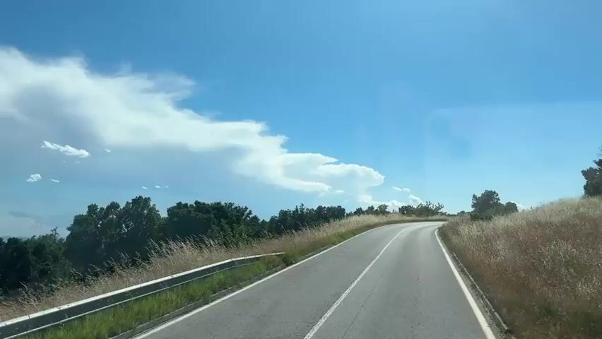 The video shows a view from a vehicle moving along a paved road. The road curves to the right. On the left side of the road, there is a grassy embankment with tall, dry grass and a metal guardrail. Beyond the embankment, there are trees. On the right side of the road, there is a similar grassy embankment with tall, dry grass. The sky is blue with large white clouds. The overall impression is of a sunny day in a rural or natural setting.