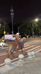 Cowboy rides horse through busy Chongqing streets at night