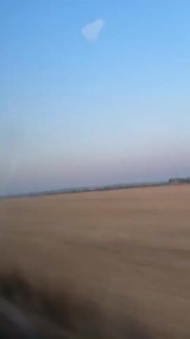 The video captures a view from a moving vehicle, likely a train or car, looking out at a vast, golden field of crops under a pale blue sky. The horizon line is visible in the distance, with a low range of hills and scattered trees. The sky transitions from a light blue at the top to soft shades of pink and purple near the horizon, suggesting either sunrise or sunset. A reflection, possibly from the vehicle's window, appears as a light-colored, irregular shape in the upper portion of the sky. The motion of the vehicle creates a slight blur in the foreground and across the field, indicating movement. There are no people or distinct structures visible in the immediate foreground. A faint light, possibly a distant light pole or a small moon, is present on the right side of the horizon.