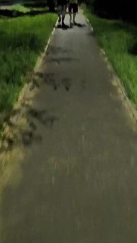 The video shows a paved path at night, bordered by grass on both sides. Two people are walking away from the camera on the path. The path is illuminated by artificial light, casting shadows of trees onto the surface. In the distance, headlights from vehicles can be seen.