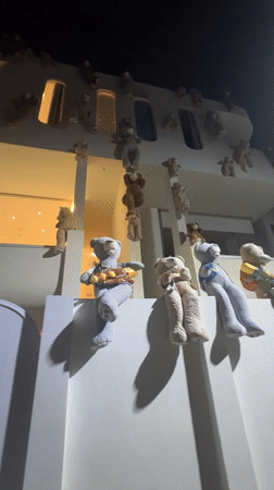 Teddy bear-decorated building spotted in Pattaya nighttime scene
