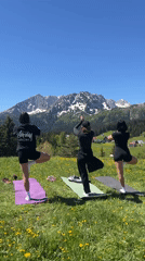 Morning yoga session held in wildflower field, Bosača Montenegro