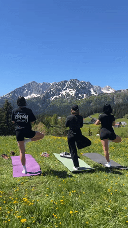 Morning yoga session held in wildflower field, Bosača Montenegro