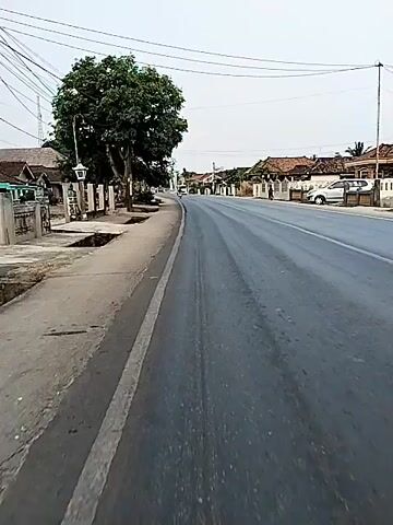 The video shows a paved road with a sidewalk on the left. A large tree is on the sidewalk, and a street light is next to it. Several houses line the right side of the road. A white truck is driving on the road. The sky is overcast. The camera is moving forward, suggesting it is attached to a moving vehicle or person.