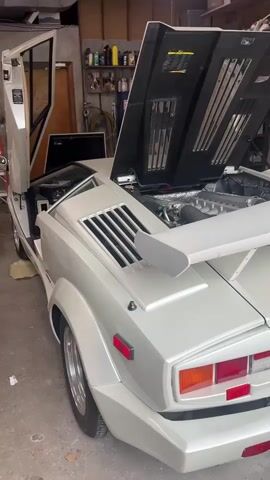 The video shows a white Lamborghini Countach in what appears to be a garage. The car's passenger door is open, as is its rear engine compartment. A man in a black baseball cap and gray long-sleeved shirt is standing behind the car, near its right side. The video ends with a close-up of the car's engine.