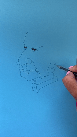 Caricature portrait drawn in continuous line on blue paper, Santorini
