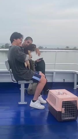 The video shows two young men sitting on a boat, one holding a small brown dog. The man holding the dog is wearing a gray shirt, blue shorts, and white sneakers. The other man is wearing black pants. A pink dog carrier is on the floor next to them. The background shows a cloudy sky and water. As the video progresses, the camera angle changes to reveal a structure of the boat with navigation equipment and an island in the distance.
