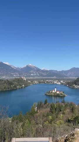 The video shows a picturesque view of Lake Bled in Slovenia from the Ojstrica viewpoint. The lake, a deep blue, dominates the scene with a small island in the center topped by a church and associated buildings. The shoreline is lined with trees, and there is a town visible on the far side of the lake. In the background, there is a mountain range with snow-capped peaks against a clear, cloudless blue sky. A sign indicating the location as Ojstrica (611 m) is visible in the foreground. There are a few bare trees and green foliage near the viewpoint.