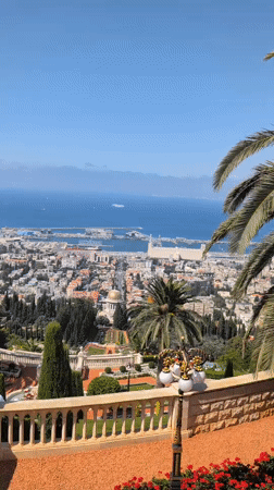 Haifa harbor panorama from a hilltop terrace overlook