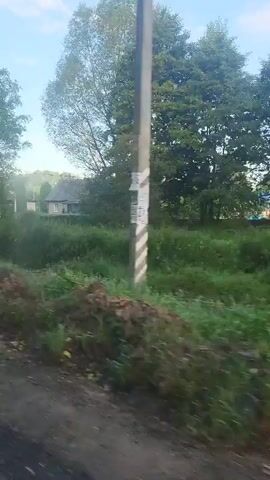 This is a video of a rural area with houses and trees. The camera is moving, suggesting it is being filmed from a vehicle. The sky is visible and appears to be clear. There are no people visible in the video.