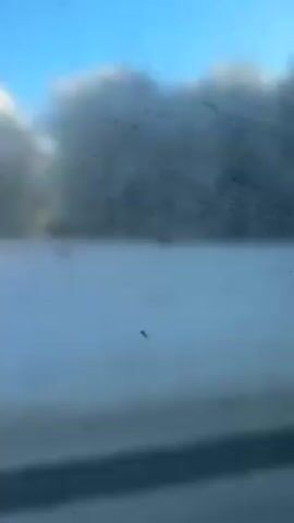 The video shows a view from a moving vehicle looking out at a snow-covered landscape. Trees covered in snow line the edge of a large snow-covered field. The sky is a light blue. The camera appears to be behind a window that has some dirt or smudges on it. The road surface is also partially visible at the bottom of the frame.
