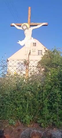 A religious statue of Jesus Christ on a cross is displayed outdoors. The statue is positioned in front of a light-colored building with multiple windows. A chain-link fence with green foliage and plants in front of it separates the viewer from the statue and building. The sky is clear and blue. The scene appears to be a sunny day. The statue is made of a light-colored material and has a halo around Jesus's head. The building behind it has a triangular roof and appears to be residential.