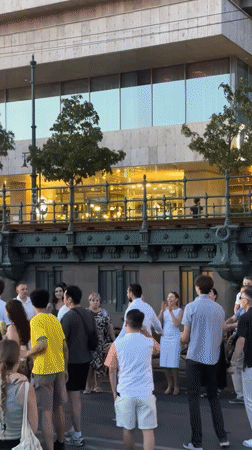 Live band and dancing at an outdoor Budapest evening event