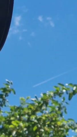 The video captures a clear blue sky with a thin white contrail from an aircraft visible in the distance. In the foreground, out of focus, are green leaves and branches of a tree. A dark, curved object, possibly part of a vehicle or structure, is visible in the upper left corner of the frame. The overall scene suggests an outdoor environment on a sunny day.