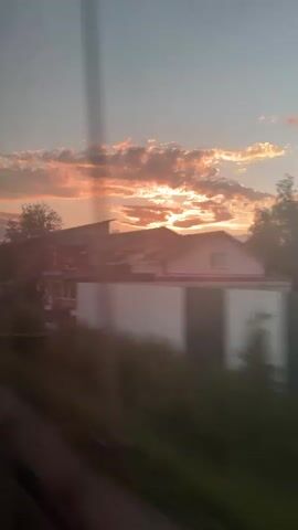 The video captures a scenic view from a moving vehicle, likely a train or car, during either sunrise or sunset. The sky is filled with soft orange and pink clouds, backlit by the low sun, which casts a warm glow over the landscape.

Initially, a red-bricked building with a dark roof is visible on the right, partially obscured by blurred foreground elements. As the camera moves, the view transitions to a dense forest lining a road. The sun's light penetrates through the trees, creating a hazy, ethereal atmosphere. Several vehicles, including cars and a white van, are discernible on the road, appearing blurred due to motion. Utility poles are also faintly visible amidst the trees.

The overall scene depicts a peaceful, natural setting with human infrastructure, characteristic of a rural or suburban area, possibly near Belyi Rast, Russia, given the provided context. No discernible text is visible.