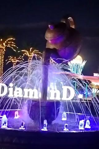 This is a video of a fountain at night. The fountain has a large, brown, teapot-shaped object pouring water into a basin. The words "Diamond D." are visible in large white letters in front of the fountain. The fountain is illuminated with colorful lights that change from red to pink to blue. Palm trees decorated with lights are visible in the background, along with other brightly lit structures. The water from the fountain is spraying upwards and outwards, creating a dynamic visual effect.