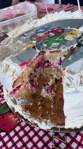 A piece of cake with white icing and a picture of M&Ms on top is cut. The cake has a brown interior with pink and white fillings. It sits on a gold-colored plate atop a red and white checkered tablecloth. A clear plastic container with more cake pieces is visible in the background. A silver cake server is used to cut the cake, and a hand with glittery blue fingernails is visible nearby. There is some ambient background noise and indistinct voices.