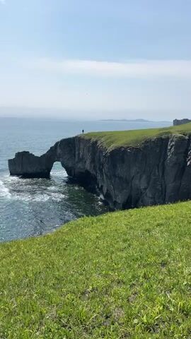 The video shows a scenic view of a natural rock arch formation along a coastline. The archway is formed by dark-colored rock and stands partially in the ocean, with waves crashing around its base. A small figure stands on top of the arch, appearing as a silhouette against the bright sky. The coastline is covered with vibrant green grass and small yellow flowers. The ocean extends into the horizon under a sky with some thin clouds.