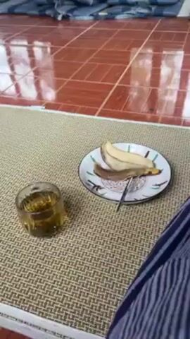 The video shows a person relaxing indoors with a drink and a plate containing a banana peel and a spoon. The person is wearing blue and white striped pajama pants. The floor is tiled in reddish-brown, with a woven mat underneath. Through a glass door, a wooden deck with a view of a green, hilly landscape can be seen.  A ceiling fan is visible in the corner of the room.