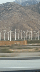 Wind farm observed from moving vehicle near Cabazon