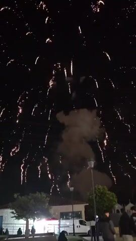 The video shows a night sky filled with fireworks. The fireworks appear to be of a waterfall type, with sparks cascading downwards. There's a puff of smoke in the center of the frame, likely from one of the fireworks. Below the fireworks, there is a building with a red-tiled roof, a white van, trees, and street lamps. Several people are standing at the bottom of the frame, watching the display.