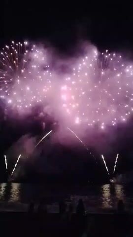 The video shows a fireworks display over a body of water at night. Silhouetted figures of people are visible on a beach in the foreground, watching the fireworks. The fireworks are colorful and explode in various patterns, illuminating the dark sky and reflecting on the water. There are also plumes of smoke from the fireworks.
